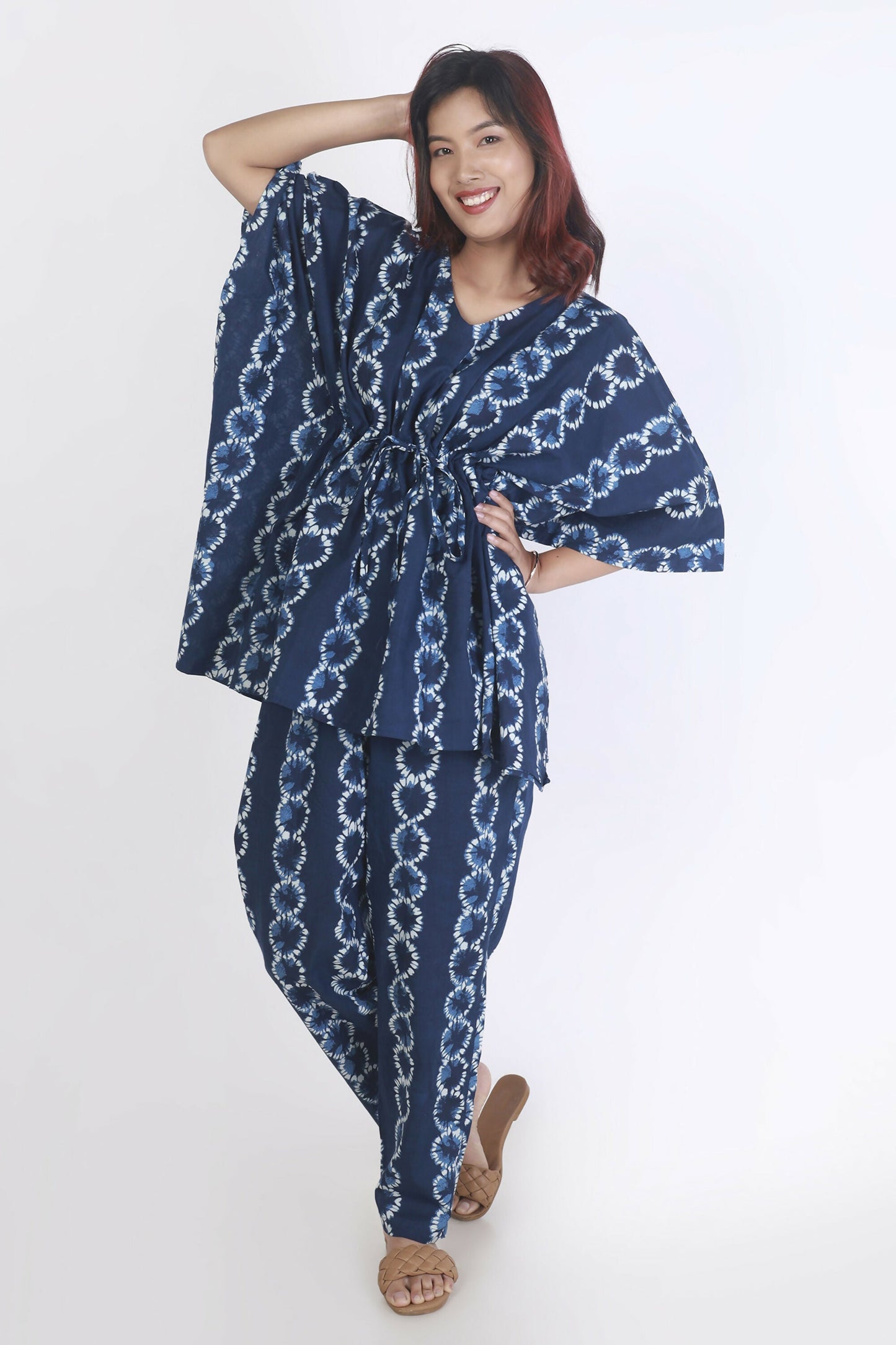 Breathables Women’S Loungewear Kaftan Cotton Blue Abstract Print Co-Ord Set