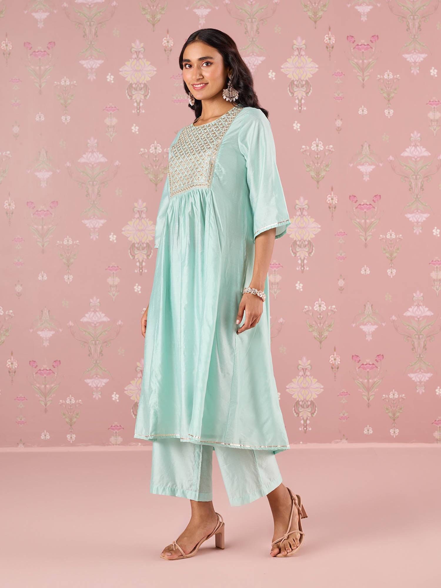 Likha Green Garden Groove Chanderi Embroidered Kurta Pant and Dupatta (Set of 3)