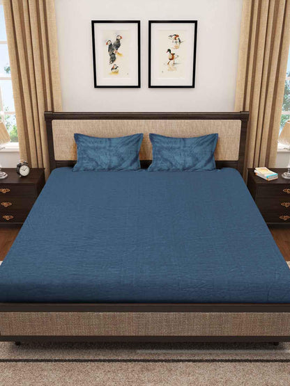 KLOTTHE Turquoise Blue 300 TC Woolen Fitted King Bedsheet With 2 Pillow Covers