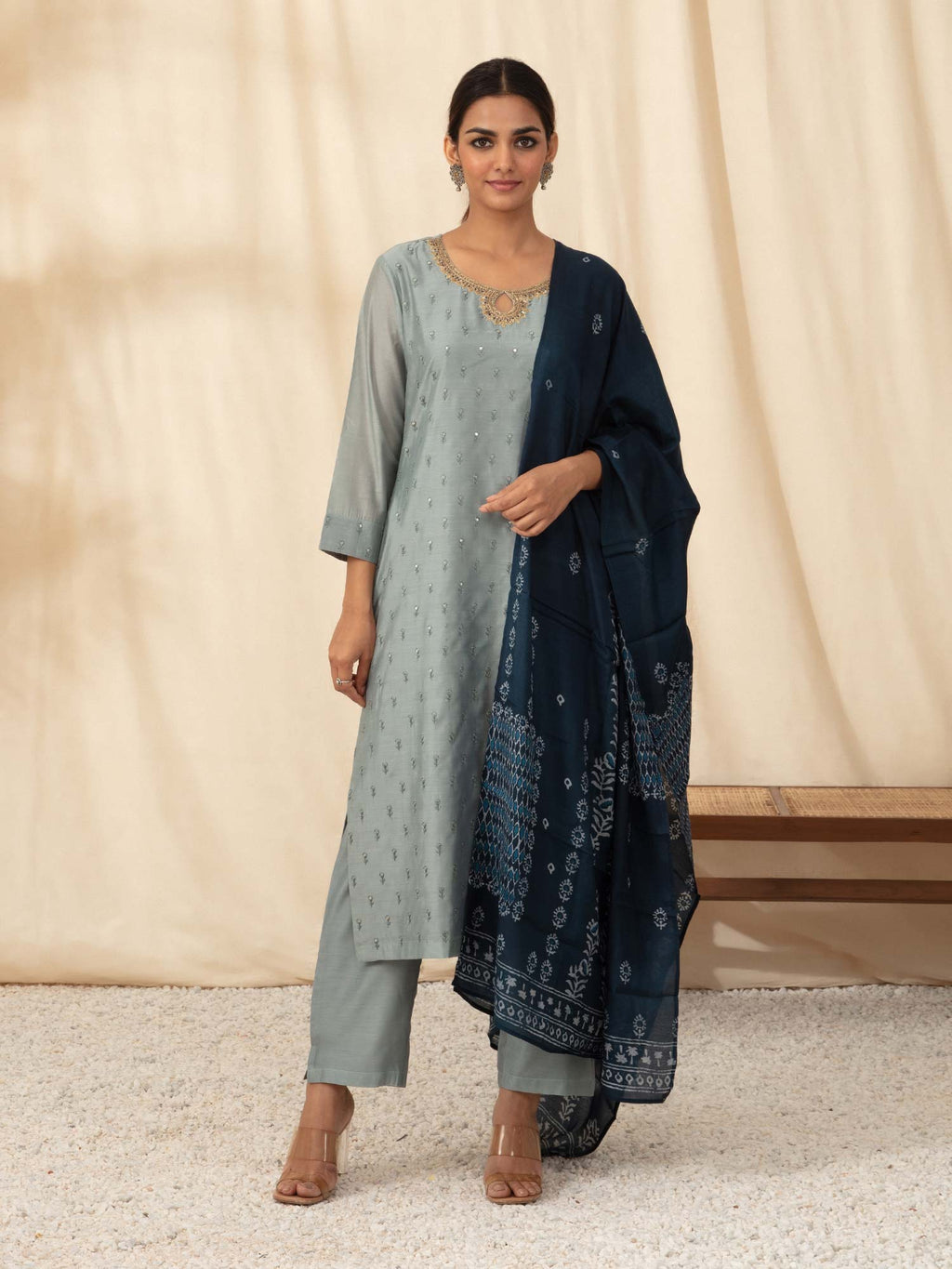 Likha Grey Embroidered Kurta Pant Dupatta LIKSKD56 (Set of 3)
