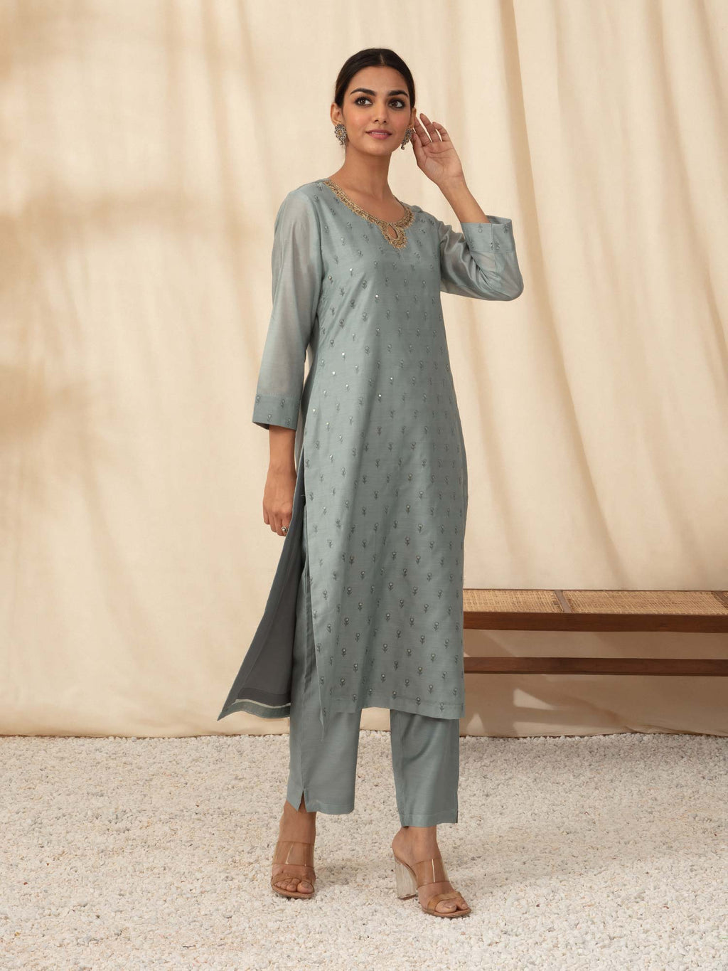 Likha Grey Embroidered Kurta Pant Dupatta LIKSKD56 (Set of 3)
