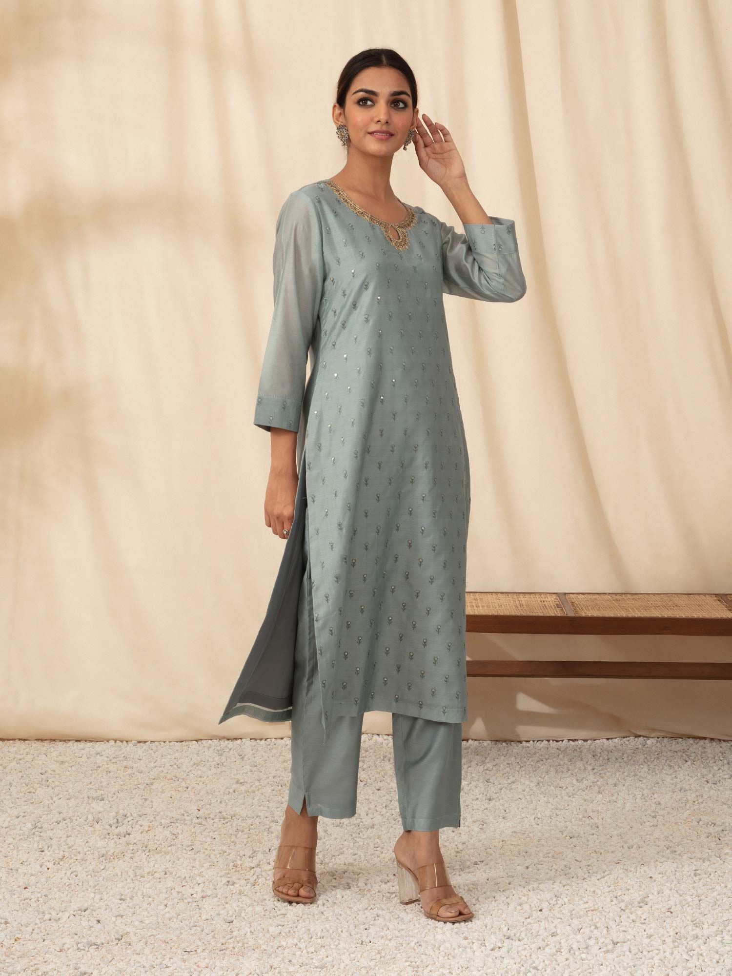 Likha Grey Embroidered Kurta Pant Dupatta LIKSKD56 (Set of 3)