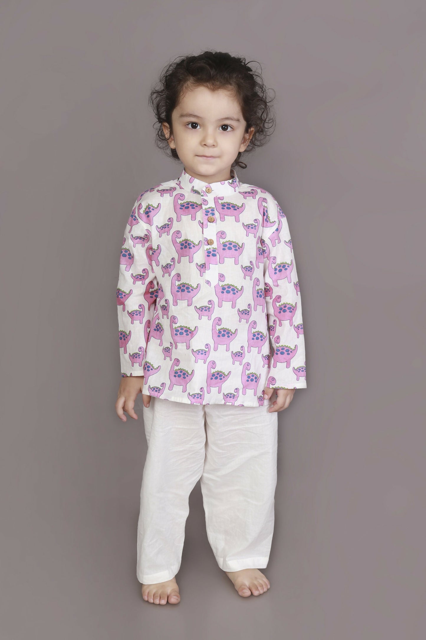 Breathables Kids Boys & Girls Cotton Night Suit – Purple Dinosaur Print Kurta & Pyjama Co-Ord Set