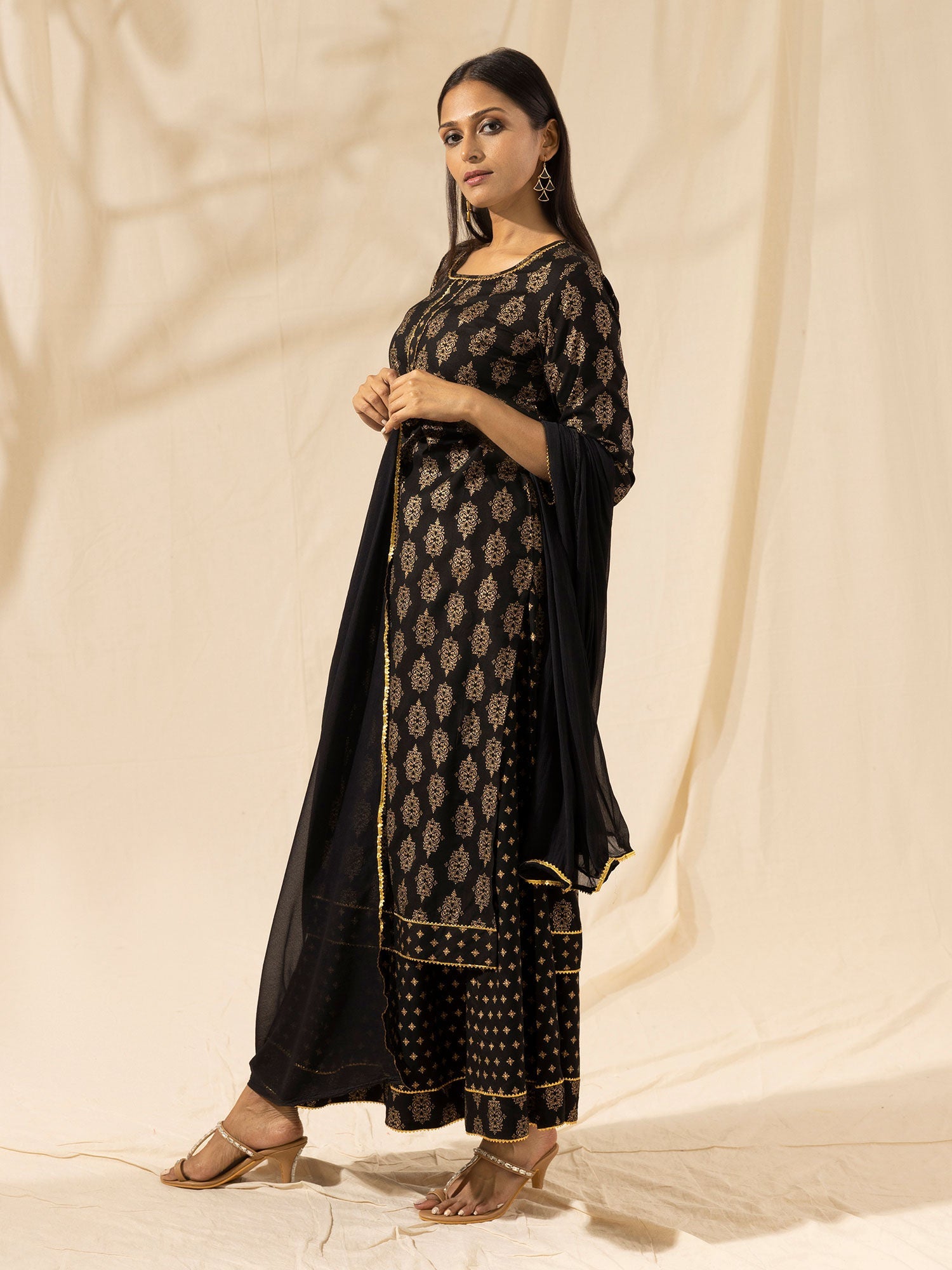 Likha Black Printed Kurta Palazzo Dupatta LIKSKD20 (Set of 3) - M
