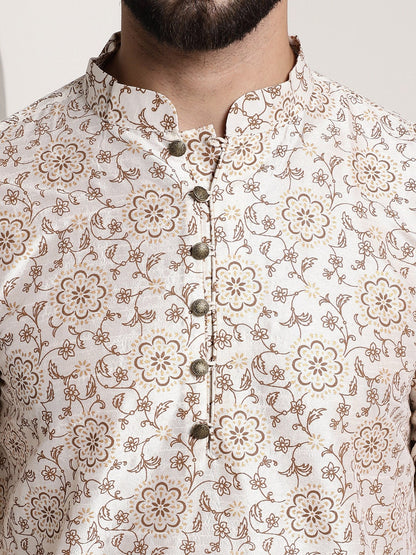 Sojanya Men Cream-Coloured & Brown Silk Cotton Printed Regular Kurta with Churidar