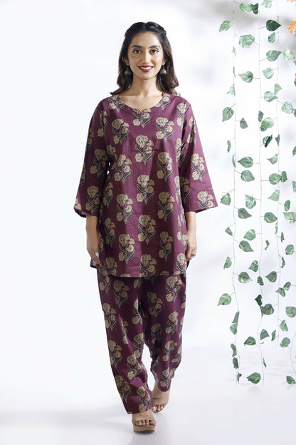 Breathables Wine Butta Cotton Co-Ord Set – Kurta With Straight Pants