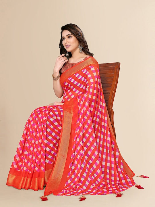Fabmora Checked Zari Pure Chiffon Saree