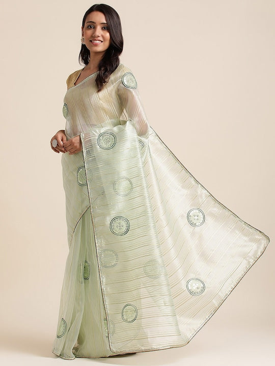 Fabmora Striped Woven Design Embroidered Organza Saree