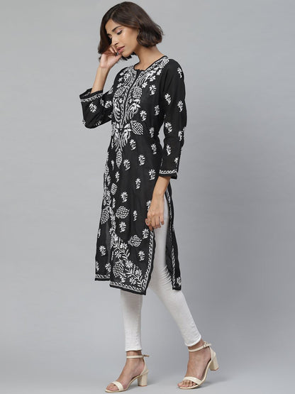 ADA Women Black & White Chikankari Embroidered Straight Sustainable Handloom Kurta