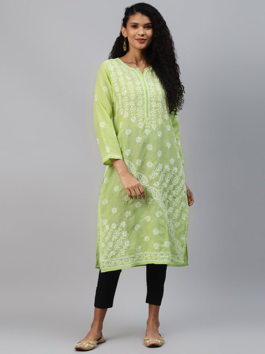 ADA Women Green & White Ethnic Motifs Chikankari Hand Embroidered Sustainable Kurta