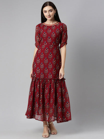 Souchii Floral Printed Boat Neck Chiffon Maxi Dress