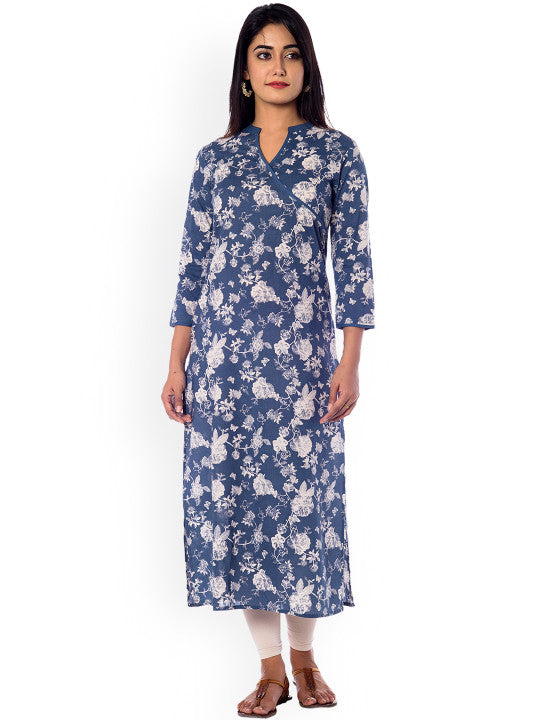 Anayna Women Blue & White Floral Print Straight Kurta