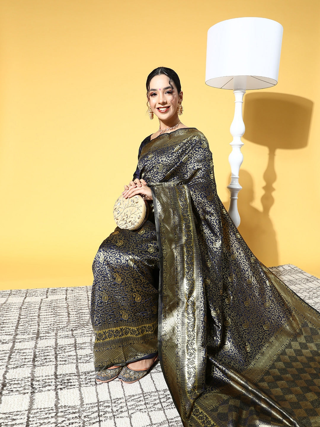 Saree Mall Navy Blue & Gold-Toned Ethnic Motifs Zari Silk Blend Banarasi Sarees