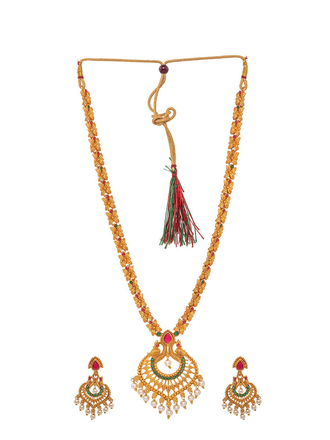 Saraf RS Jewellery Gold-Polished Red & Green Bridal Temple Jewellery Set