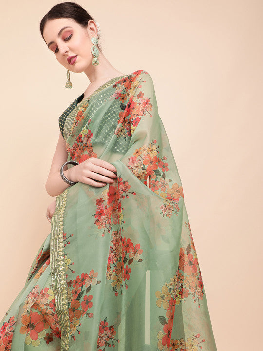 Sangria Olive Green & Red Floral Printed Organza Saree With Sequinned Blouse piece