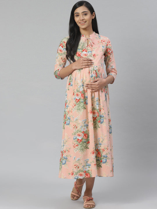 Anayna Women Peach-Coloured & Green Floral Printed Pure Cotton Maternity A-Line Dress