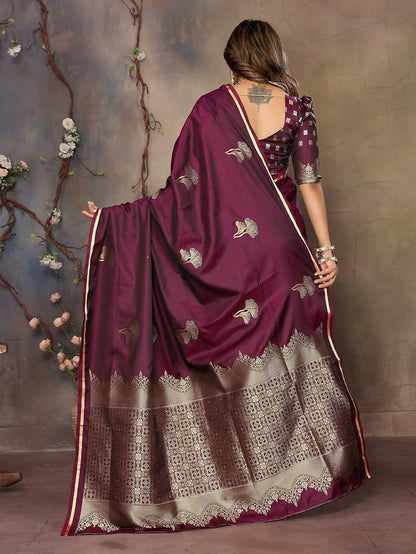 Joban Fashion Maroon Floral Motifs Banarasi Silk Sarees
