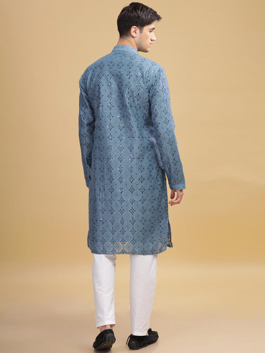 Anouk Turquoise Blue Embroidered Mandarin Collar Sequinned Lucknowi Cotton Straight Kurta