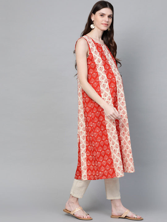Anayna Women Red & Beige Ethnic Motifs Screen Print A-Line Maternity & Nursing Kurta