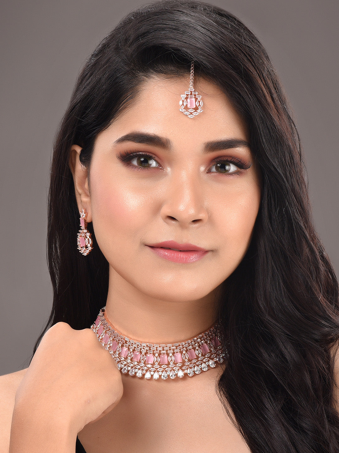 Saraf RS Jewellery Rose Gold-Polished & Pink AD Studded Handcrafted Jewellery Set