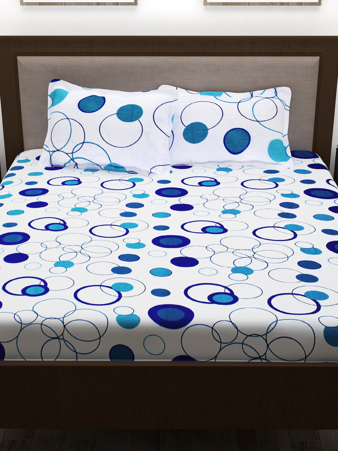 Story@home White & Blue Geometric 186 TC Cotton 1 Queen Bedsheet with 2 Pillow Covers