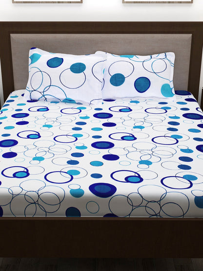 Story@home White & Blue Geometric 186 TC Cotton 1 Queen Bedsheet with 2 Pillow Covers