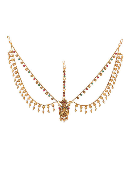Yellow Chimes Gold-Polished Red & Green Stone-Studded Layered Bridal Traditional Mathapatti