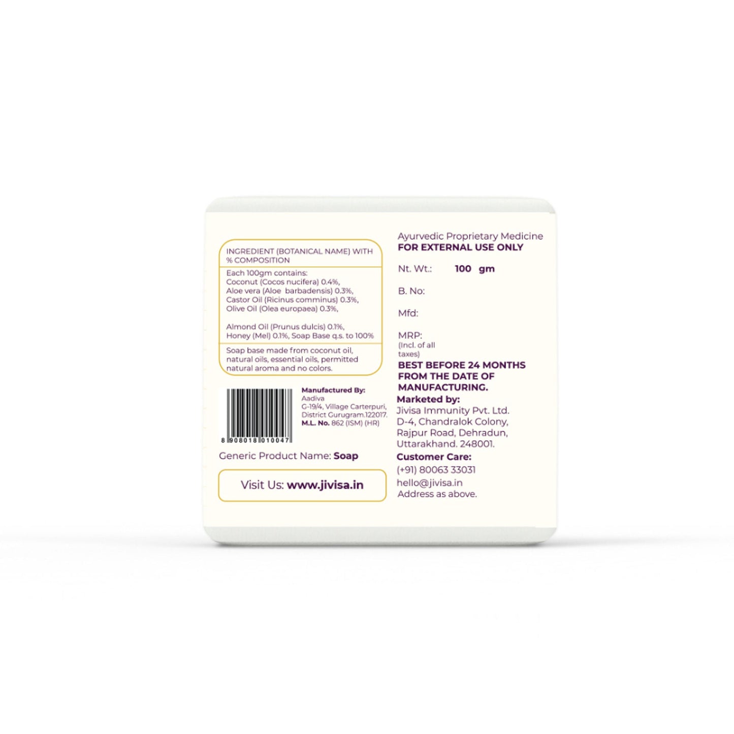 JiViSa Coconut & Honey Handcrafted Ayurvedic Soap