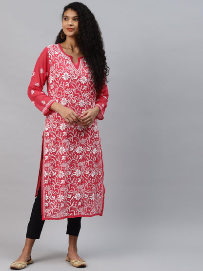 ADA Women Carrot Pink & White Floral Hand Embroidered Chikankari Handloom Kurta & Matching slip