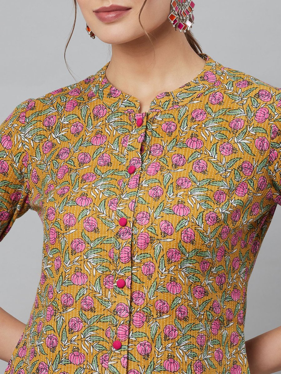 Aks Floral Printed Mandarin Collar Regular Pure Cotton Kurta With Trousers