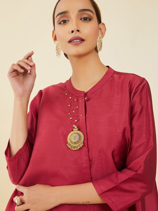 Soch Women Maroon Embellished A Line Kurta with Trousers