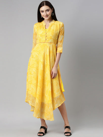 Souchii Yellow Floral Chiffon Midi Dress