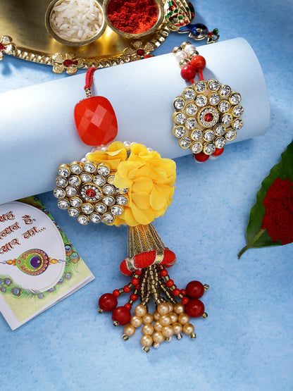 NVR Women & Men Set of 2 Red & Gold-Toned Stone-Studded & Beaded Bhaiya Bhabhi Rakhi With Roli Chawal
