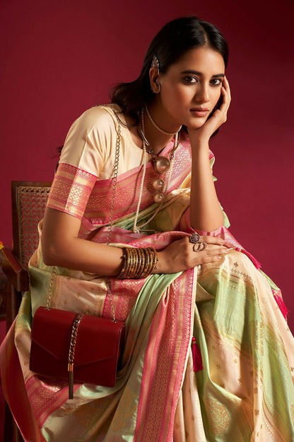 Joban Fashion Cream & Sea Green Plain With Weaving Border Banarasi Silk Sarees