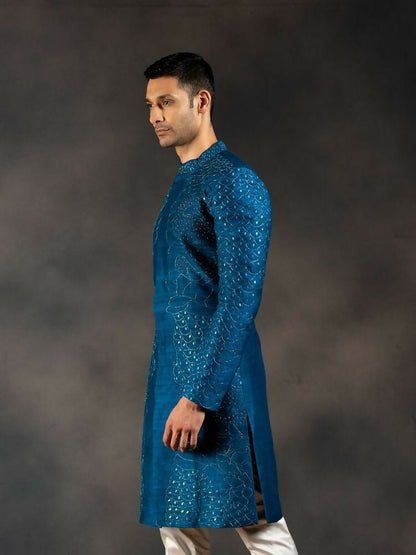 Ink Blue Hand Embroidered Indowestern Sherwani by Hilo Design