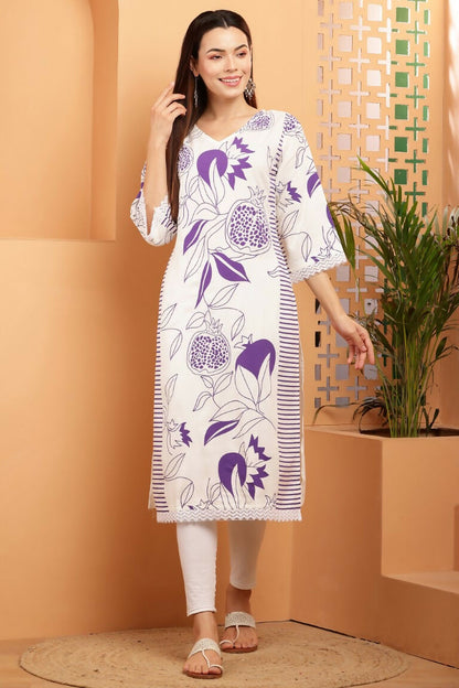 Cheera Women Stylish Hand Block Printed Cotton Blend Flared Kurta - Off White