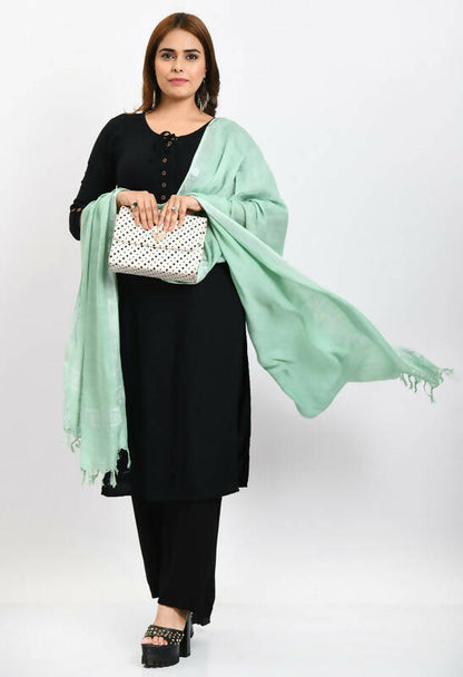 Mominos Fashion Moeza Women's Linen Cotton Silver Border Pista Green Dupatta
