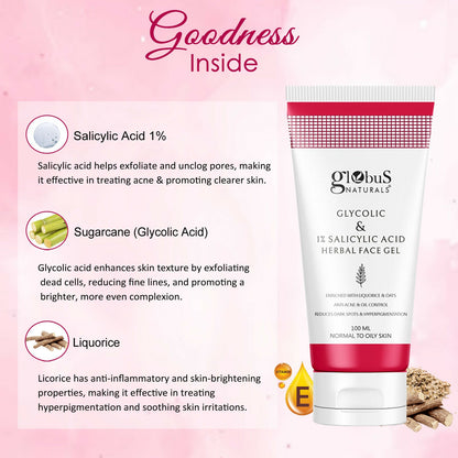 Globus Naturals Glycolic & 1% Salicylic Acid Herbal Anti Acne Face Gel
