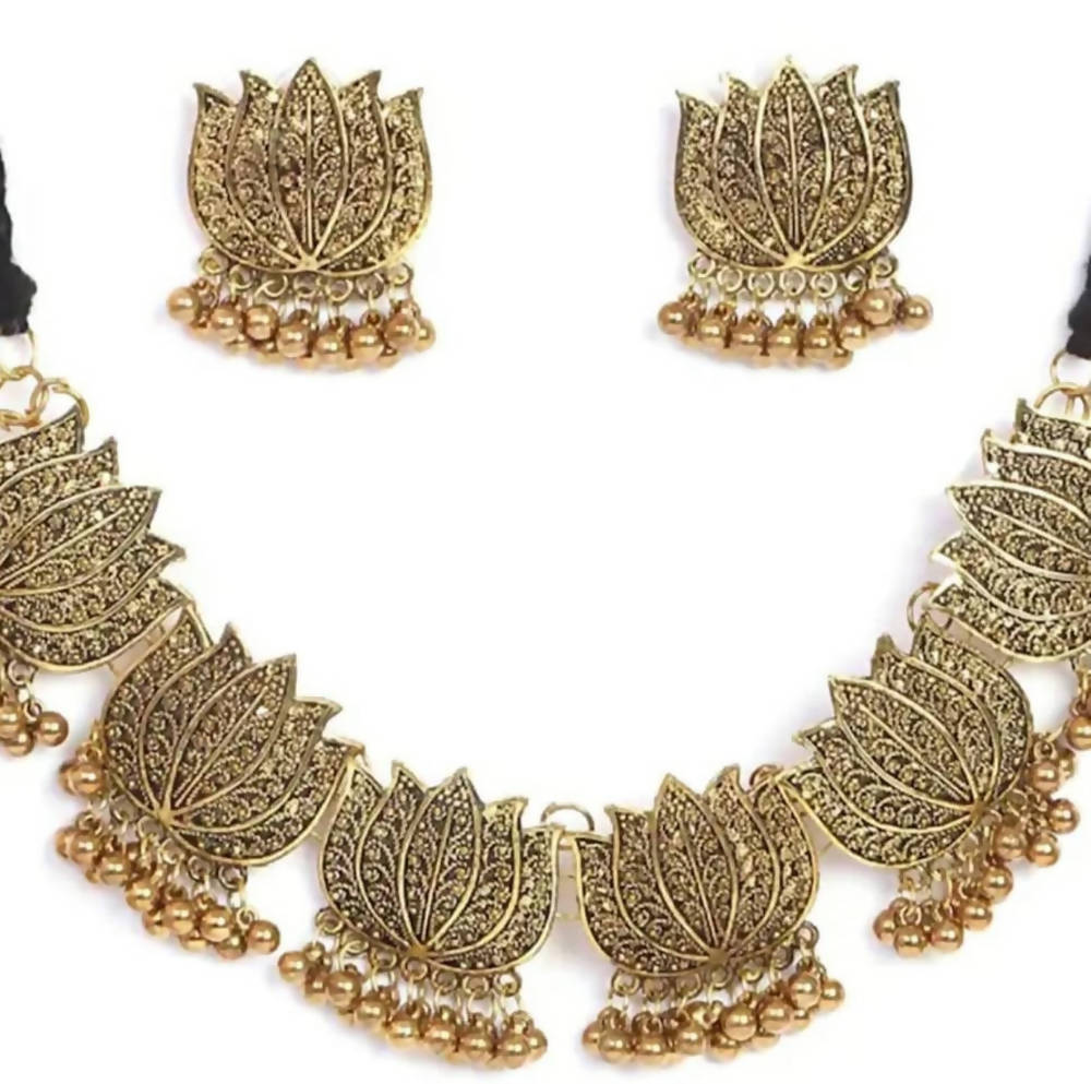 Mominos Fashion Oxidised Lotus Design Golden Color Necklace Choker Set