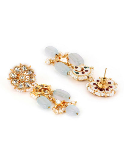 Gold-Toned White Kundan Contemporary Gold-Polished Drop Earrings - Ruby Raang
