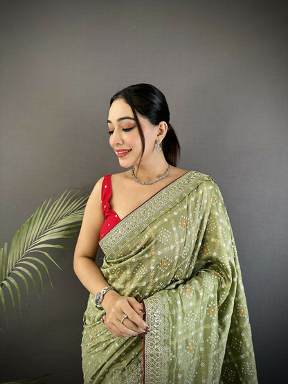 Joban Fashion Mehendi Green Bandhej Bandhani Vichitra Silk Bandhani Prints Saree
