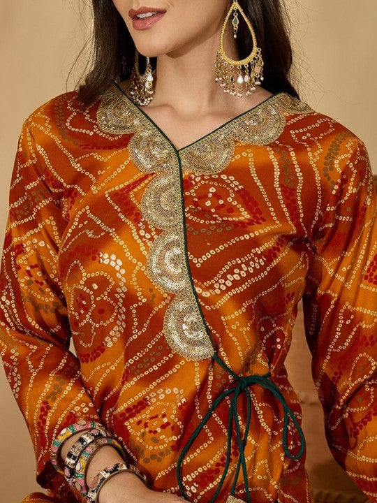 Sangria Women Bandhani Printed With Embroidered Angrakha Knot Straight Kurta