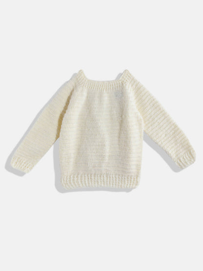 Chutput Kids Woollen Hand Knitted Full Sleeves Deer Detail Sweater For Baby Boys - Cream