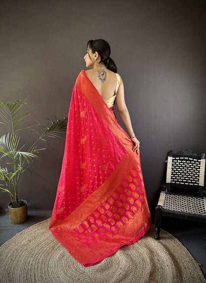 Joban Fashion Banarasi Hot Pink Woven Soft Silk Saree