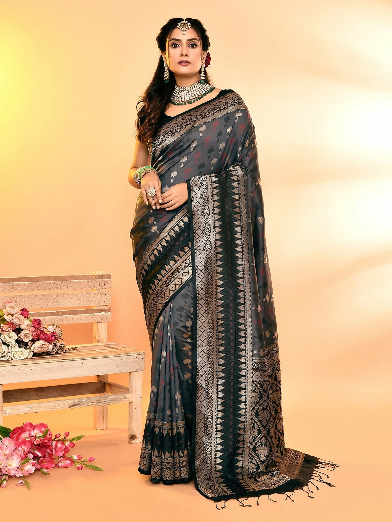 Joban Fashion Grey & Black Plain With Weaving Border Banarasi Silk Sarees