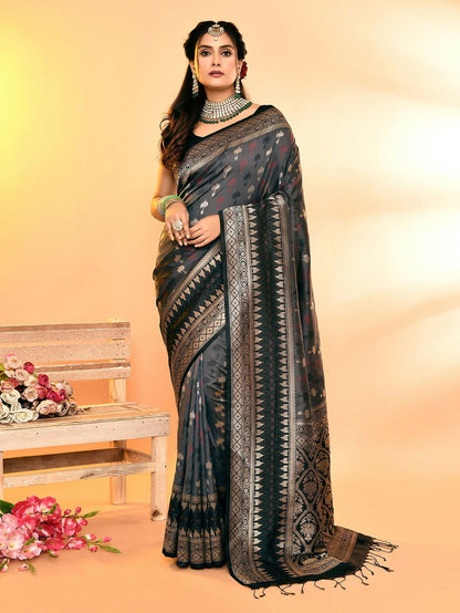 Joban Fashion Grey & Black Plain With Weaving Border Banarasi Silk Sarees