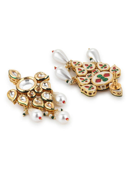 Gold-Toned White Contemporary Gold-Polished Drop Earrings - Ruby Raang