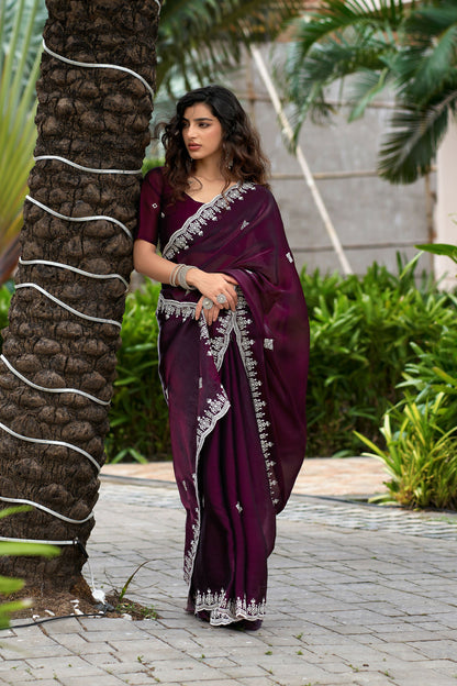 Vastranavya Wine Embroidery Work Shimmer Chiffon Saree with Unstitched Blouse