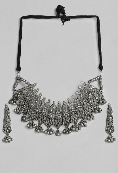Mominos Fashion Johar Kamal Oxidised Silver-Plated Brass Finish Temple Jewellery with Earrings For Women