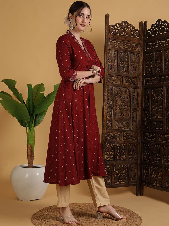 Sangria Semi-Flared 3/4 Sleeves V-Neck Kurta